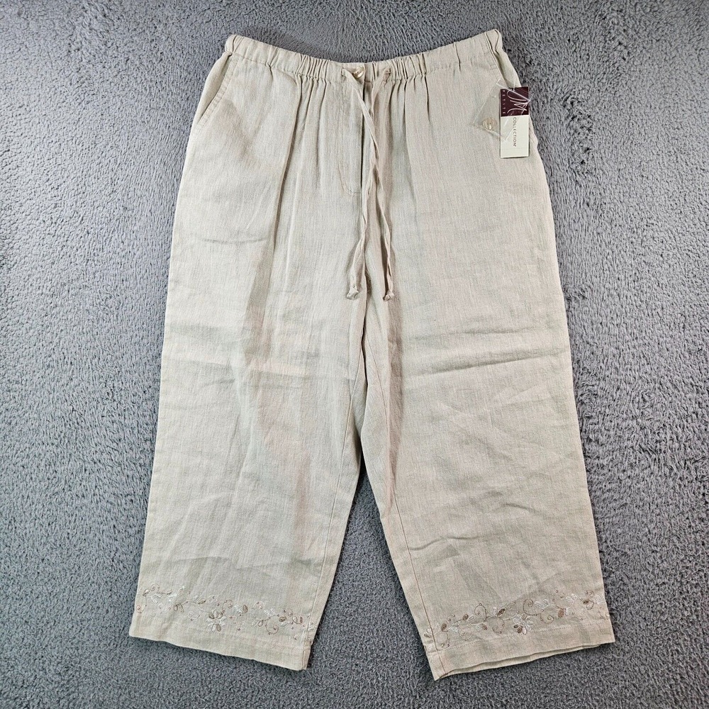$40 NWT - JM Collection Linen Pants Women‎ 12P Petite Cropped Embroidered Beige